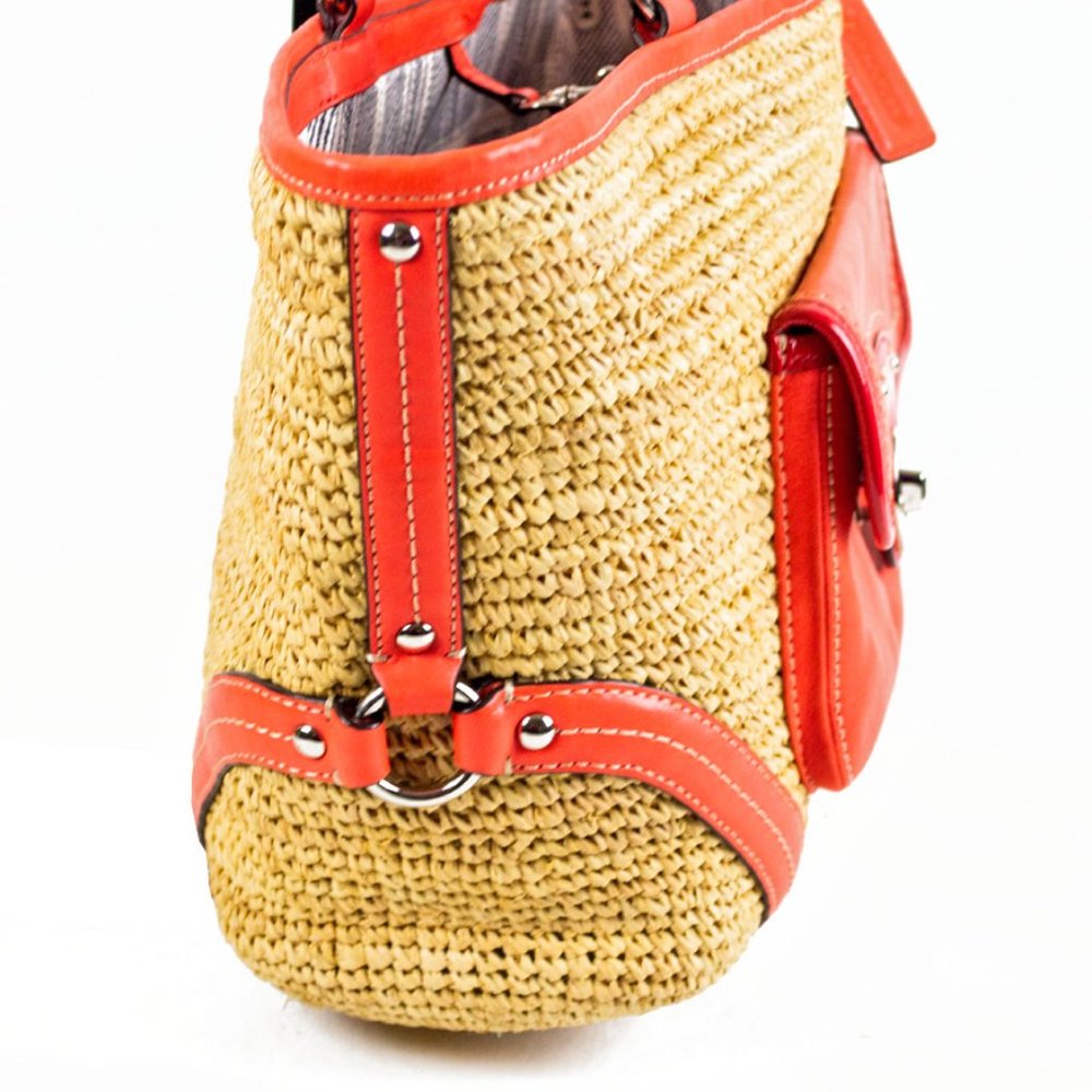 Coach Straw Natural & Tangerine Leather Shopper Pocket Tote Bag - Picture 7 of 15